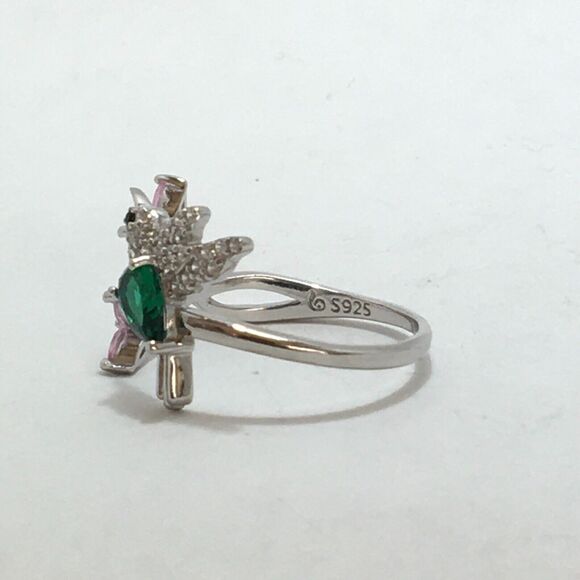 Sterling Silver Hummingbird Ring Adjustable Size 7 CZ Pink Flowers Green Body - Picture 7 of 16